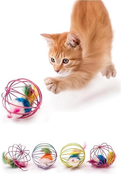 Metal Kafesli Peluş Fareli Kedi ve Köpek Oyuncağı – 6 cm Eğlenceli Oyun Topu
