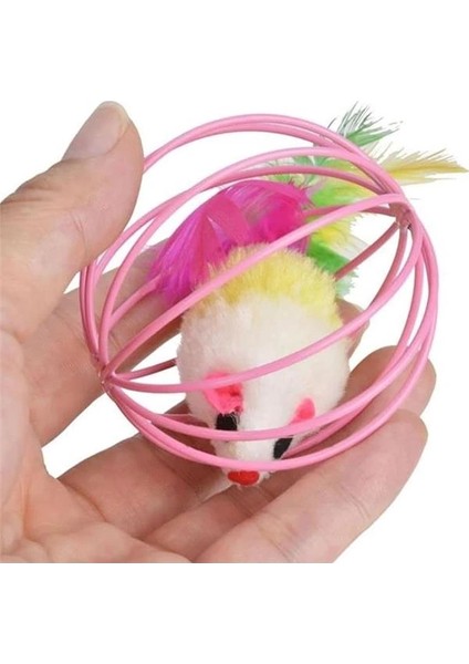 Metal Kafesli Peluş Fareli Kedi ve Köpek Oyuncağı – 6 cm Eğlenceli Oyun Topu