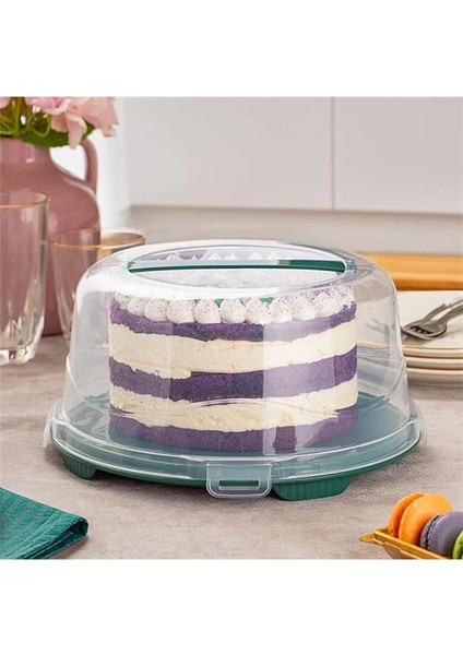 1093 Koyu Yeşil Yuvarlak Kek Pasta Börek Saklama Kabı - Kilitli Kapaklı Taşıma Fanusu 25 cm