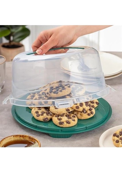 1093 Koyu Yeşil Yuvarlak Kek Pasta Börek Saklama Kabı - Kilitli Kapaklı Taşıma Fanusu 25 cm indirimleri