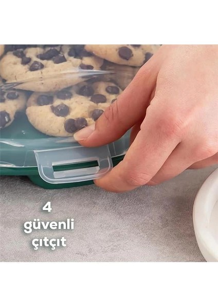 1093 Koyu Yeşil Yuvarlak Kek Pasta Börek Saklama Kabı - Kilitli Kapaklı Taşıma Fanusu 25 cm