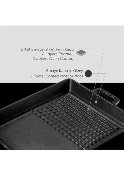 Metal Döküm Izgara Tava, Metal Kulplu, 26X32CM, Siyah