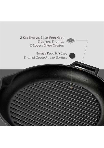 Döküm Yuvarlak Izgara Tava, Metal Kulplu, 30CM, Siyah