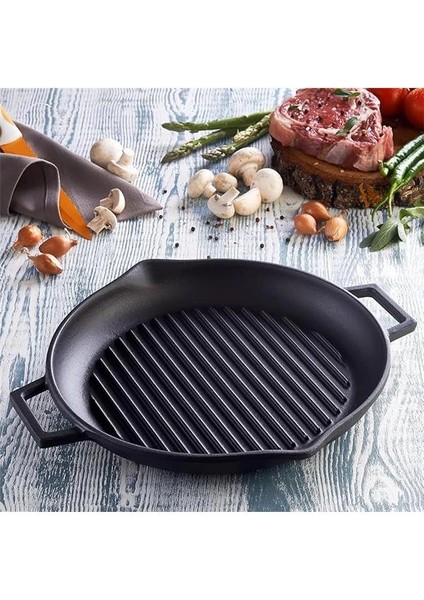 Döküm Yuvarlak Izgara Tava, Metal Kulplu, 30CM, Siyah