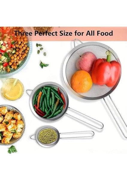 Paslanmaz Çelik Pratik 3'lü Çay Süzgeci Sebze Makarna Un Süzgeç 10 12 14 cm