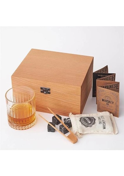 Kayın Ahşap Kutulu Viski Kadeh Viski Bardağı 4 Soğutucu Taş Seti Bambu Maşa