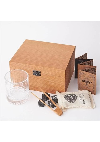 Kayın Ahşap Kutulu Viski Kadeh Viski Bardağı 4 Soğutucu Taş Seti Bambu Maşa