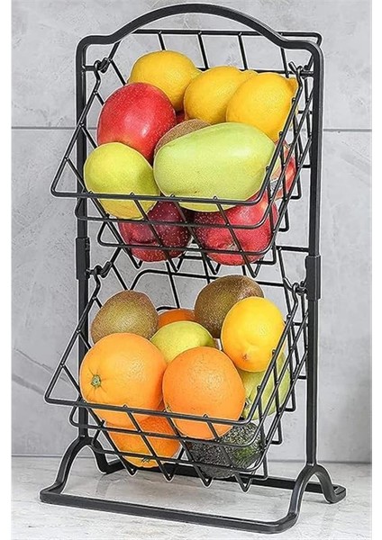 2 Katlı Metal Mutfak Köşesi Organizatörü - Siyah Meyve ve Sebze Sepeti