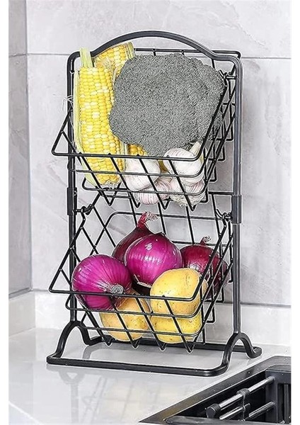 2 Katlı Metal Mutfak Köşesi Organizatörü - Siyah Meyve ve Sebze Sepeti fiyatları