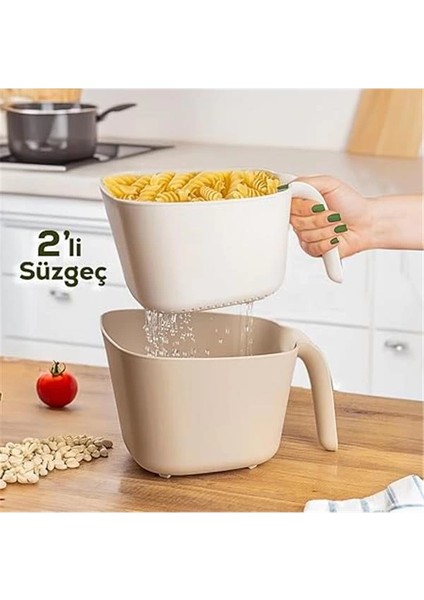 G-576 2 Parça Plastik Süzgeç Çok Amaçlı Makarna Meyve Sebze Pirinç Yıkama Süzgeci Bej Beyaz fırsatları