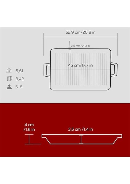 Döküm Dikdörtgen Izgara Tavası Döküm Demir Yekpare Çift Kulplu Ölçü 26X45CM. - Kırmızı indirimleri