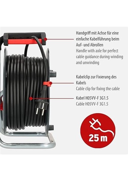 Garant E Kablo Makarası (25 M Kablo, Siyah, Özel Plastikten, Iç Mekanda Kullanım Için