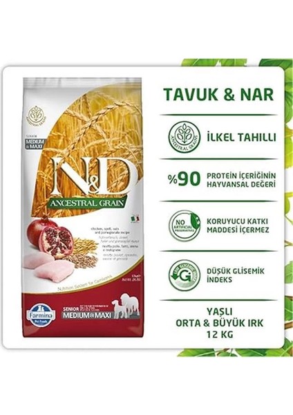 N&d Ancestral Grain Kuru Köpek Maması, Tavuk, Kılçıksız Buğday, Yulaf ve Narlı, Yaşlı Medium ve
