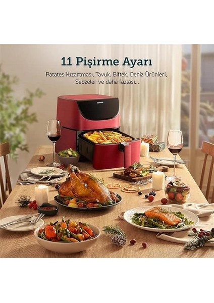 5.5 L Yağsız Fritöz, 11 Programlı Sıcak Hava Fritözü, Ispanyolca 100 Tarif, Sıcak Tutma indirimleri