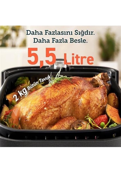 5.5 L Yağsız Fritöz, 11 Programlı Sıcak Hava Fritözü, Ispanyolca 100 Tarif, Sıcak Tutma