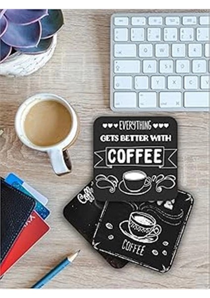 Siyah Kahve/coffee Temalı Bardak Altlığı Ahşap Baskılı Altlık 6'lı Set (9 X9CM)