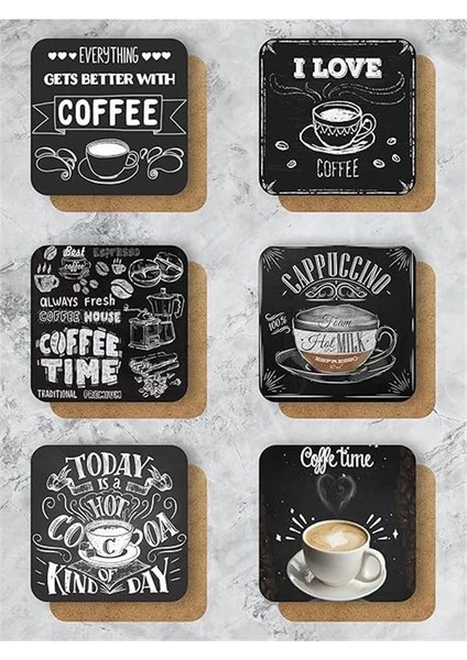 Siyah Kahve/coffee Temalı Bardak Altlığı Ahşap Baskılı Altlık 6'lı Set (9 X9CM) fiyatları