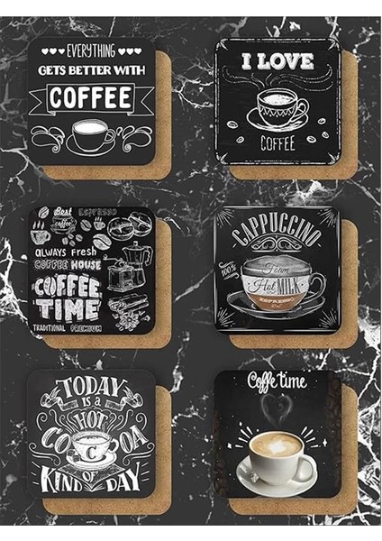 Siyah Kahve/coffee Temalı Bardak Altlığı Ahşap Baskılı Altlık 6'lı Set (9 X9CM) modelleri