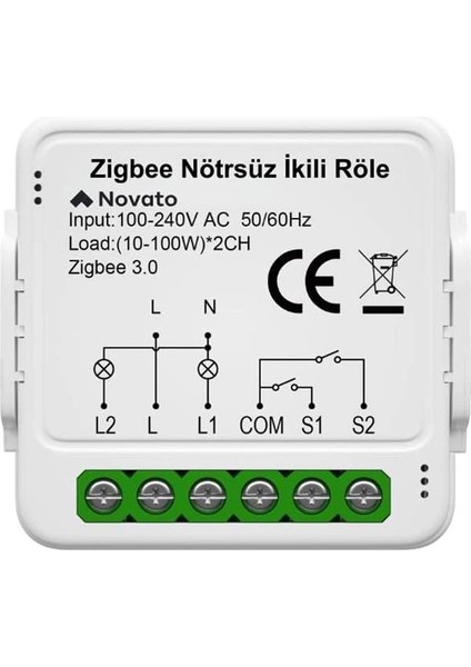 Tuya Mini Zigbee Nötrsüz Iki Çıkışlı Röle (Tuya, Smart Life, Home Assistant, ZIGBEE2MQTT Uyumlu)