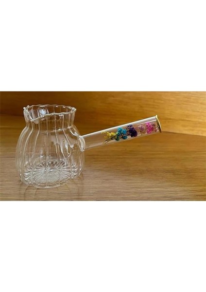 Borosilikat Cam Cezve, Isıya Dayanıklı, Dekoratif Çiçek Saplı, Şeffaf