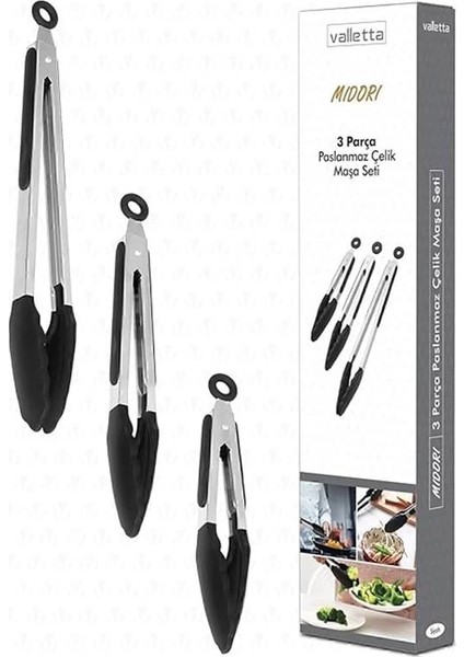 Midori Metal Saplı Silikon Uçlu Kilit Sistemli Smart 3lü Maşa Seti Siyah modelleri