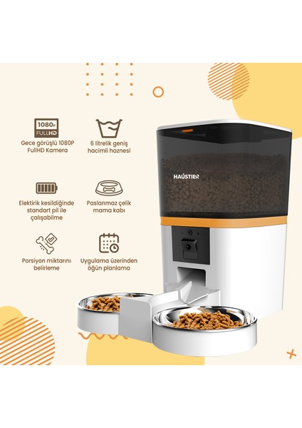 QQ009-DUAL Gece Görüşlü 1080P Fhd Kameralı, Akıllı Otomatik Kedi Mama Kabı, Tuya App-Wifi Uzaktan Kontrol, Sesle Çağırma, 2.4ghz-5ghz, 6lt Hazne, Çift Metal Kase
