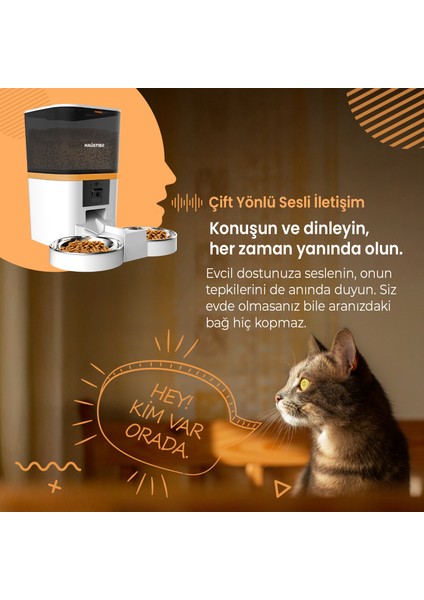 QQ009-DUAL Gece Görüşlü 1080P Fhd Kameralı, Akıllı Otomatik Kedi Mama Kabı, Tuya App-Wifi Uzaktan Kontrol, Sesle Çağırma, 2.4ghz-5ghz, 6lt Hazne, Çift Metal Kase