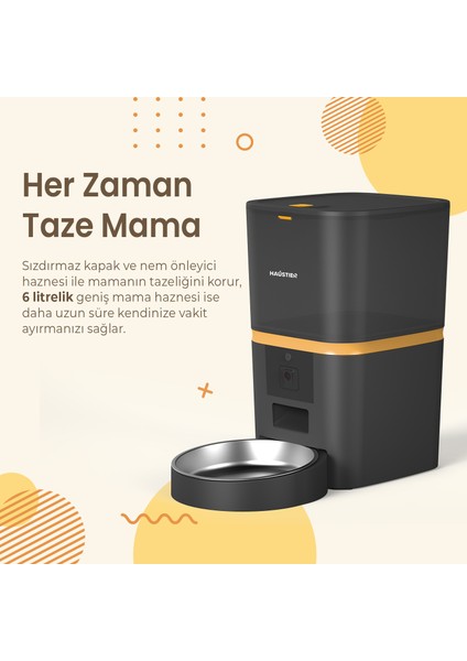 QQ005 Kameralı Akıllı Otomatik Kedi Mama Kabı , Wifi Uzaktan Kontrol, Sesle Çağırma, 480P Kamera, 6lt Hazne, Metal Kase, Siyah modelleri