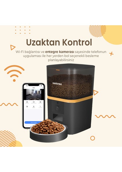 QQ005 Kameralı Akıllı Otomatik Kedi Mama Kabı , Wifi Uzaktan Kontrol, Sesle Çağırma, 480P Kamera, 6lt Hazne, Metal Kase, Siyah