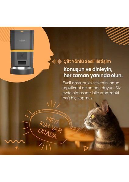 QQ005 Kameralı Akıllı Otomatik Kedi Mama Kabı , Wifi Uzaktan Kontrol, Sesle Çağırma, 480P Kamera, 6lt Hazne, Metal Kase, Siyah