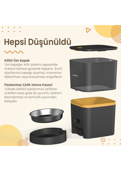 QQ005 Kameralı Akıllı Otomatik Kedi Mama Kabı , Wifi Uzaktan Kontrol, Sesle Çağırma, 480P Kamera, 6lt Hazne, Metal Kase, Siyah