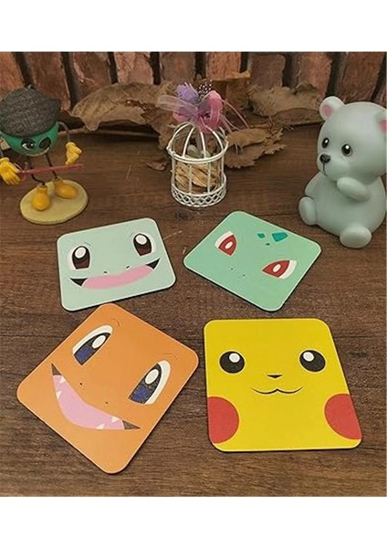 Pokemon Temalı Bardak Altlığı Ahşap Baskılı Altlık 4'lü Set (9 X9CM) KARBONNM51