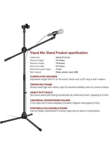 180CM Maksimum Uzunluk Mikrofon Standı Multi Fonksiyonel 2in1 Microphone Katlanabilir indirimleri