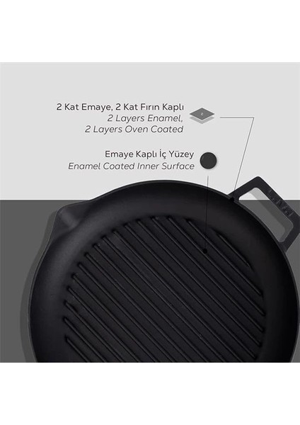 Döküm Yuvarlak Izgara Tava, Metal Kulplu, 26CM, Siyah