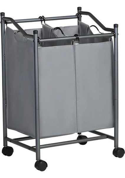 Çamaşır Ayırıcı, Tekerlekli ve 2 Bölmeli, Çamaşır Sepeti, Çıkarılabilir Çantalı Çamaşır
