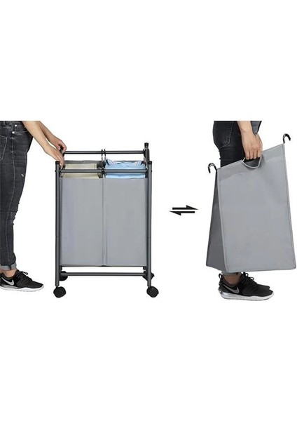 Çamaşır Ayırıcı, Tekerlekli ve 2 Bölmeli, Çamaşır Sepeti, Çıkarılabilir Çantalı Çamaşır indirimleri