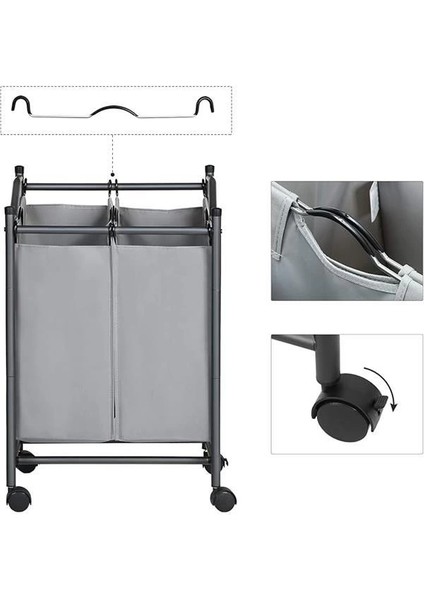 Çamaşır Ayırıcı, Tekerlekli ve 2 Bölmeli, Çamaşır Sepeti, Çıkarılabilir Çantalı Çamaşır