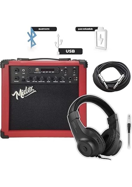 MGA-25RDBT-HD Şarjlı Elektro Gitar Amfisi 25 Watt USB Bluetooth Distortion Kulaklık ve Kablo