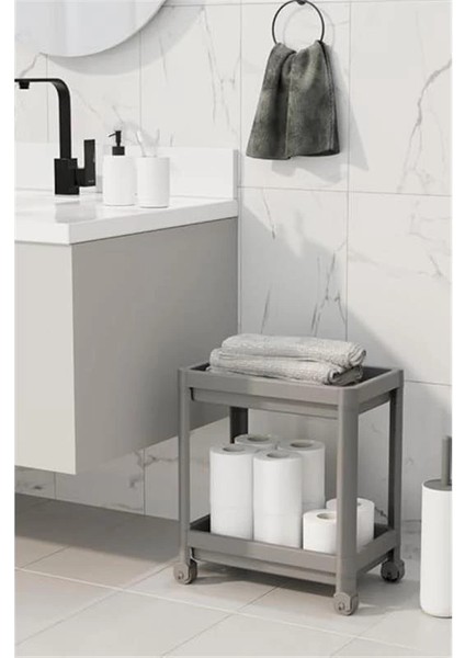 2 Katlı Tekerlekli Tezgah Altı Gri Banyo Mutfak Rafı MIT1123 indirimleri