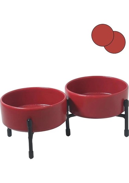 Metal Ayaklı Çift Taraflı Seramikten Evcil Hayvanlarınız Için Mama ve Su Kapları (Kirmizi)