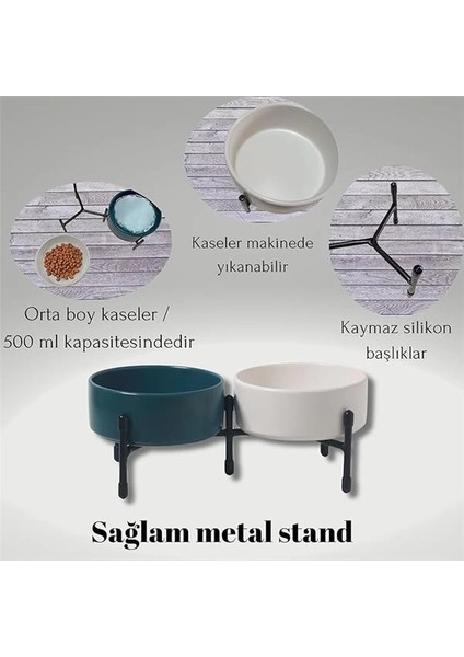 Metal Ayaklı Çift Taraflı Seramikten Evcil Hayvanlarınız Için Mama ve Su Kapları (Kirmizi)