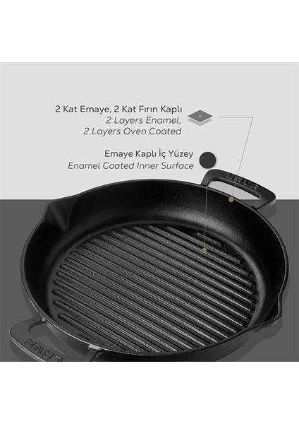 Döküm Yuvarlak Izgara Tava, Metal Kulplu, 32CM, Siyah