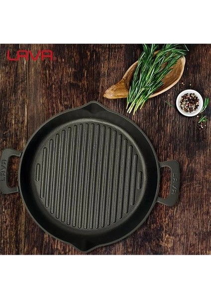 Döküm Yuvarlak Izgara Tava, Metal Kulplu, 32CM, Siyah