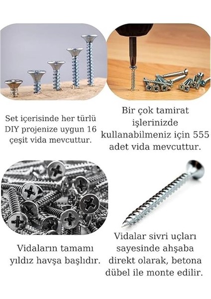 Netzerkoz All Essential Fasteners Netzerkoz 555 Parça Vida 12 Çeşit Sunta Vidası Seti - Organizerlı
