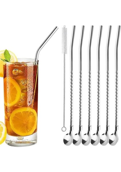 ® 7'li Paslanmaz Çelik Kaşıklı Metal Pipet Seti 6 Adet Pipet ve Pipet Temizleme Fırçası Cam Pipet