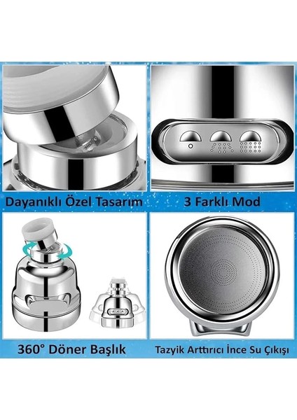 Su Tasasrruflu 3 Fonksiyonlu Mutfak Musluk Başlığı 360 Derece Oynar Başlıklı Krom Görünümlü indirimleri