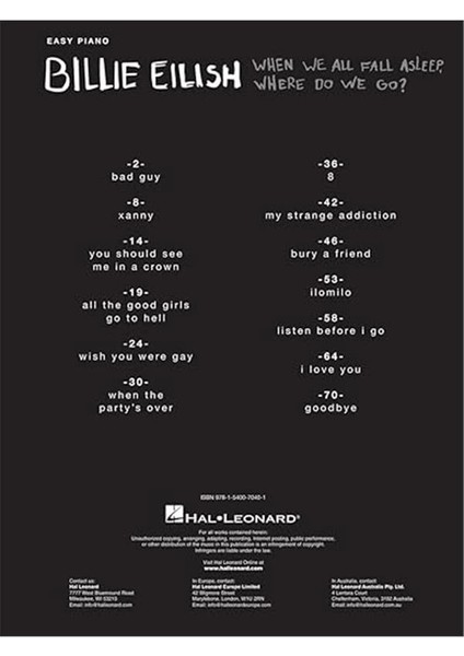 Billie Eilish - When We All Fall Asleep, Where Do We Go?: Easy Piano Songbook modelleri