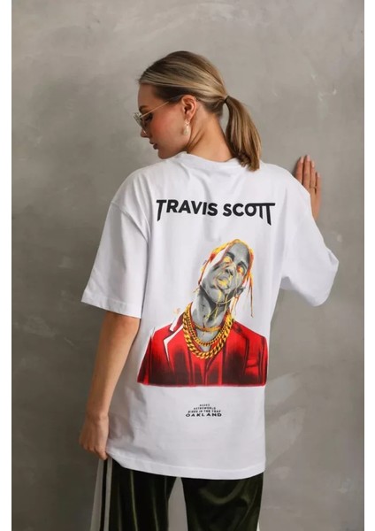 Unisex Baskılı Oversize T-Shirt - Beyaz indirimleri