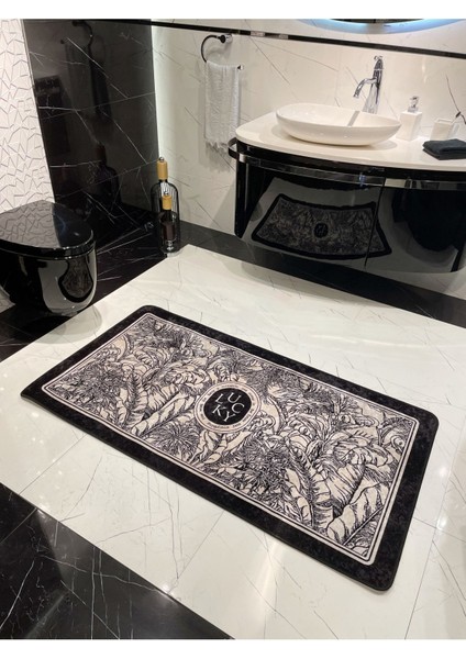 Çiçek Desenli Siyah Lateks Taban Banyo Paspası 50X100 cm