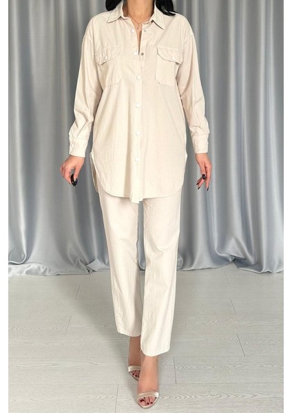 Bej Gömlek ve Çıtçıtlı Pantolon Takım